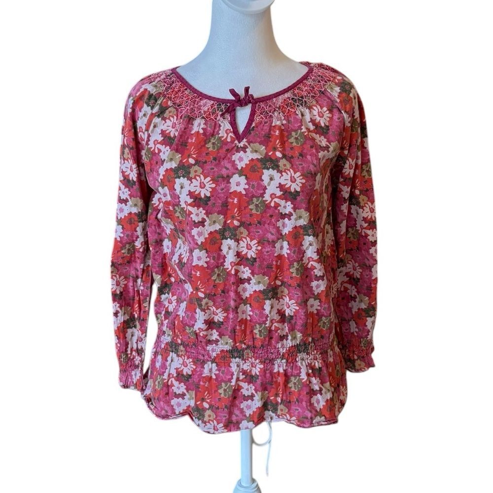LL Bean Pink Floral Blouse Cotton Boho Cottage Womens Size Medium